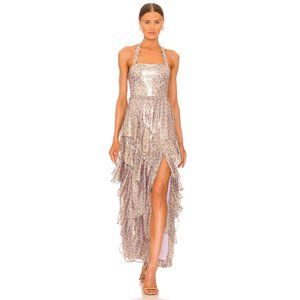 Alice + Olivia Jocelyn Metallic Floral Halter Ruffle Maxi Dress - Size 0